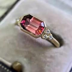 Art Deco Style Pink Tourmaline Lab-Created Diamond Ring 14K Yellow Gold FN
