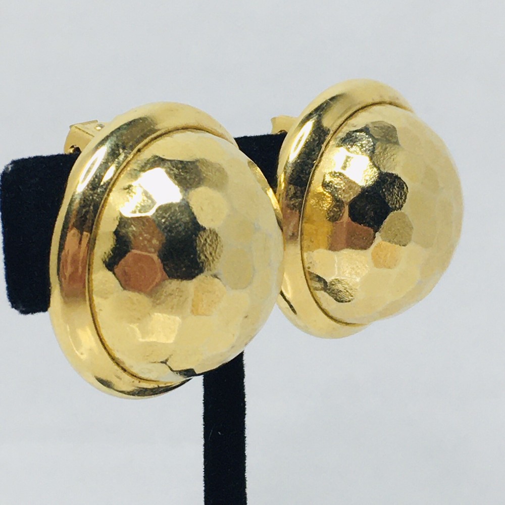 Vintage Hammered Gold Clip On Earrings Domed Round Button