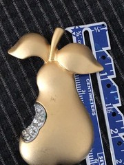 Vintage Gold Tone Tona Rhinestone Pear Bite Brooch Pin Matte Fruit Brushed