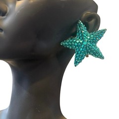 Vintage Richard Kerr Aqua Blue Starfish Clip Earrings Rhinestone 80s Statement