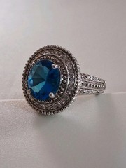 Vintage Art Deco London Blue Topaz CZ Halo Cocktail Ring Size 7 Sterling Silver