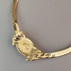 Vintage Trifari Necklace Pink Pendant Gold Tone Herringbone Chain 16.5″
