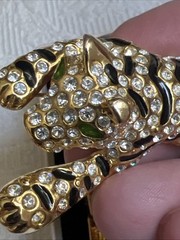 Vintage Articulated Bracelet & Broach Green Eyed Tiger 8″ w/ Rhinestones #JC9