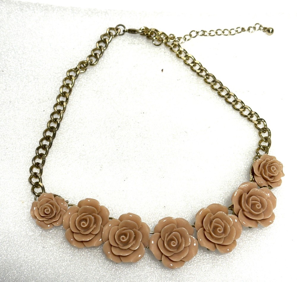 Resin Rose Bib Necklace Enamel Chain Choker Flower Peach