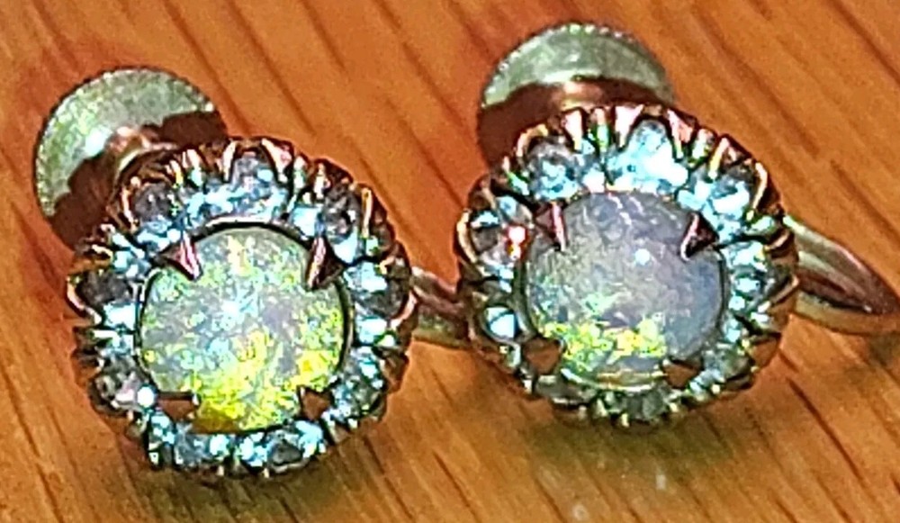 Vtg Signed Vargas Screw-Back Earrings Faux Fire Opal & Rhinestone Goldtone Rare