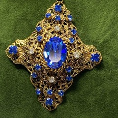 VTG West Germany Blue Rhinestone Filigree Pendant 26″ Necklace 3.25″ Czech Glass