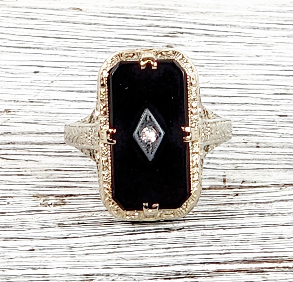 Antique Edwardian Belais 14K White Gold Onyx Diamond Ring 7 Filigree Luxury
