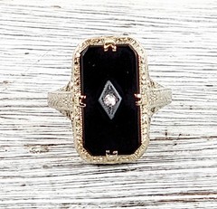 Antique Edwardian Belais 14K White Gold Onyx Diamond Ring 7 Filigree Luxury
