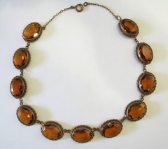 Antique Pre 1920s Czech Glass Necklace Brass Cognac Hue Stones 17″ Bold Estate