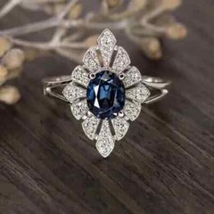 Art Deco Oval Cut Lab Created Diamond Sapphire 14k White Gold FN Wedding Ring