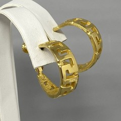 Gold Tone Hoop Earrings Retro Greek Key Hinged Clip On Screw Back Geometric 1.25