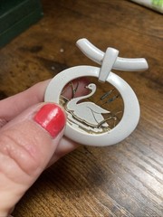 Vintage White Enamel Swan Pendant GoLid Tone Oval, Cut Out Scenic Charm Necklace
