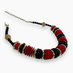 Vintage Artisan Beaded Necklace Chunky Red Black Gold Disc Wood Acrylic Metal