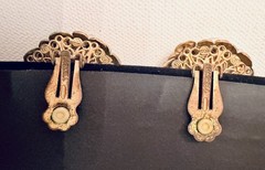 Vintage Miriam Haskell Brass Filigree Faux Pearl Clip On Earrings Mid Century