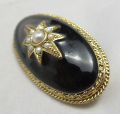 Vintage 1928 Brand Faux Seed Pearl Domed Oval Black Enamel Brooch Pin Gold Tone
