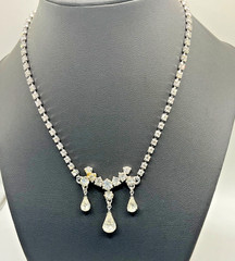 Vintage Clear Rhinestone Teardrop Dangle Necklace Silver Tone 16” Wedding Prom