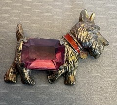 30s Vintage Scottie Dog Brooch Pot Metal Big Pink Glass Stone Signed Star S