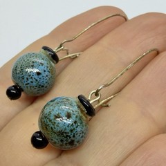 Vtg Boho Blue Speckled Pottery Bead Drop Hoop Wire Dangle Earrings