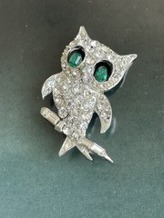 Vintage Signed Pell Rhinestone Owl Brooch Pin Bird