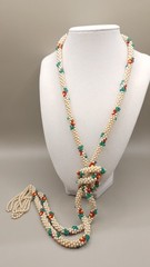 Vintage 1960s Bead Crochet Lariat Tassel Necklace Faux Pearl Floral Rope 48″