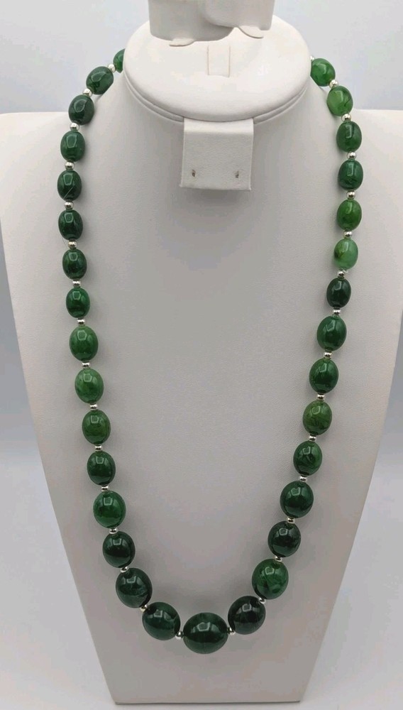 Vintage 24 Inch Graduated Beaded Necklace Marbled Green Plastic