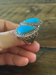 Marcasite Sterlling Silver Chunky Ring, Double Teardrop Turquoise Stone Ring
