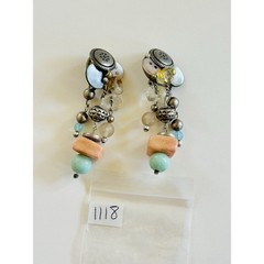 VTG Button Earrings Dangle statement Chunky Silver Pink Lucite Clip 1990s Rare