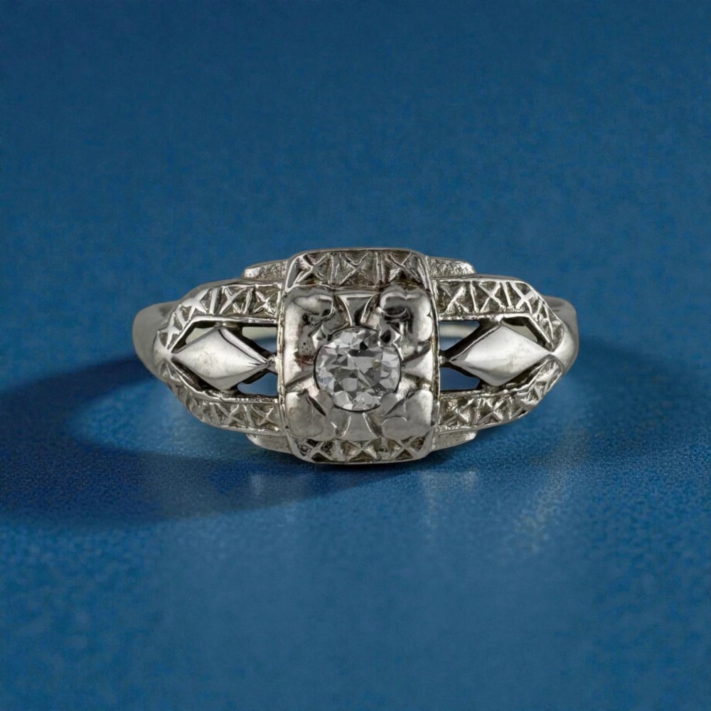 Vintage Art Deco 14K White Gold Old European Cut Diamond Filigree Ring Size 7