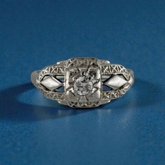 Vintage Art Deco 14K White Gold Old European Cut Diamond Filigree Ring Size 7