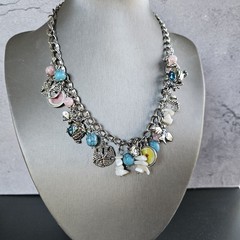Vintage Silver Tone Charm Necklace Faux Turquoise Beaded Chain Bird Flower Beach