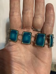 Vintage Teal Blue Stones Silver Tone Chain Bracelet With Safety Chain 7 Inches