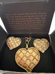 Lady Remington Heart w Rhinestones Necklace & Pierced Earrings Gold Tone Set IOB