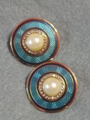 Vintage Earrings Signed Nuri Blue Enamel,”Neo Deco” Design Faux Pearl Rhinestone