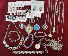 Vintage Silver Tone Jewelry Clip on Earrings Bracelet Necklace Pendant Lot of 23