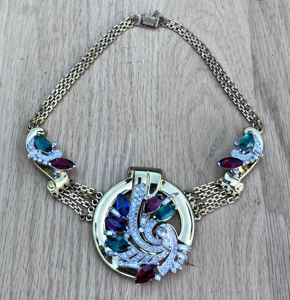 Antique McClelland Barclay Gold Tone Necklace w/ Rhinestone Art Deco 1930s
