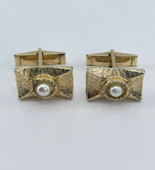 Vintage Faux Pearl mens cufflinks rectangle brushed gold tone concave whale back