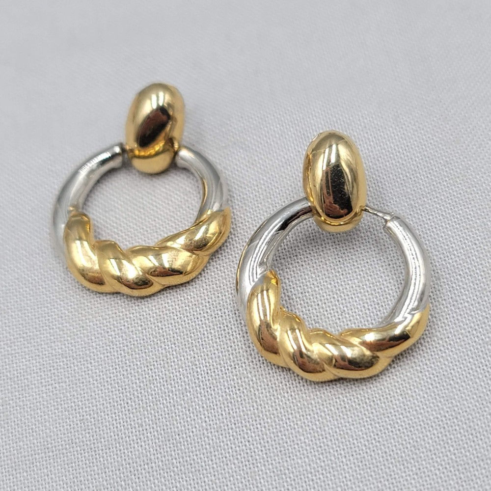 Vintage Two Toned Door Knocker Pierced Earrings Gold tone Dangle 1 1/8″