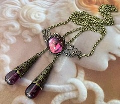 Vintage Necklace Art Nouveau Amethyst Cabochon Pendant Czech Glass Lariat