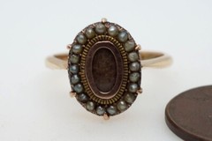 ANTIQUE ENGLISH 15K GOLD SEED PEARL HAIR LOCKET MOURNING RING c1880