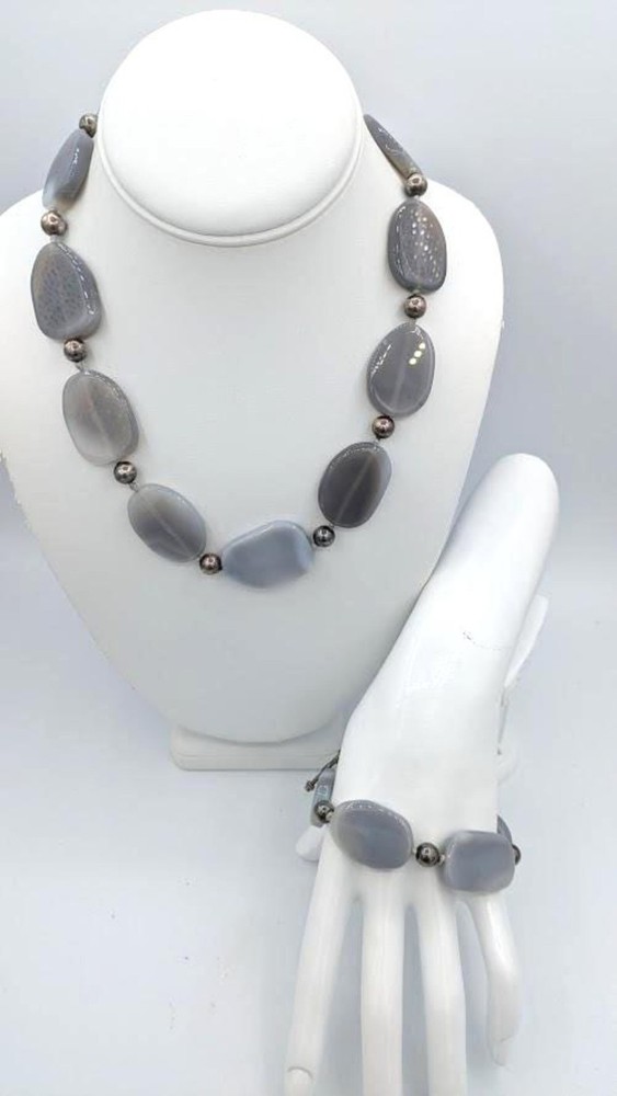 Vintage Gemstone Necklace Bracelet Set Sterling Chunky Silver Gray Agate Toggle