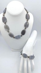Vintage Gemstone Necklace Bracelet Set Sterling Chunky Silver Gray Agate Toggle