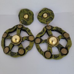 Vintage 1980s Green Wheel Dangle Clip On Statement Earrings Runway Lightweight