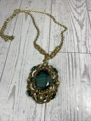 Vintage Western Germany Necklace Ornate Brass Filigree With Green Rhinestones.