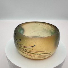 Vintage 90s Frosted Lucite Bracelet Peacock Feather Hand Painted Chunky Jewelry