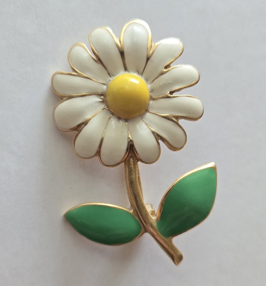 Vintage Mid Century Metal Enamel Flower Brooch White Daisy w/ Stem & Leaves