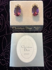Vintage NWT Christian Dior Oval Purple Glass Crystal 14k Gold Post Earrings
