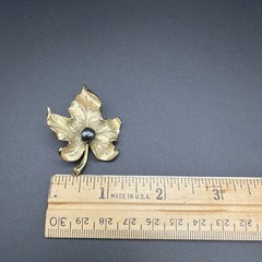Vintage Gold Tone Maple Leaf Brooch Pin with Faux Black Pearl Center, 1960s
