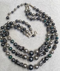 Vintage Three Strand Necklace Grey Dark Purple Silver Tone Made In Japan O87