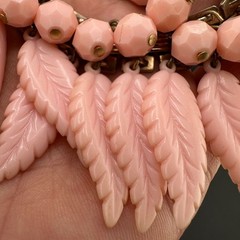 Vintage Pink Leaf Fringe Choker Necklace Carved Acrylic Beaded Chain Cha Cha