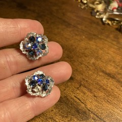 Vintage Blue Crystal Earrings Lot 3 Pairs Cluster Dangle Flower Retro Jewelry